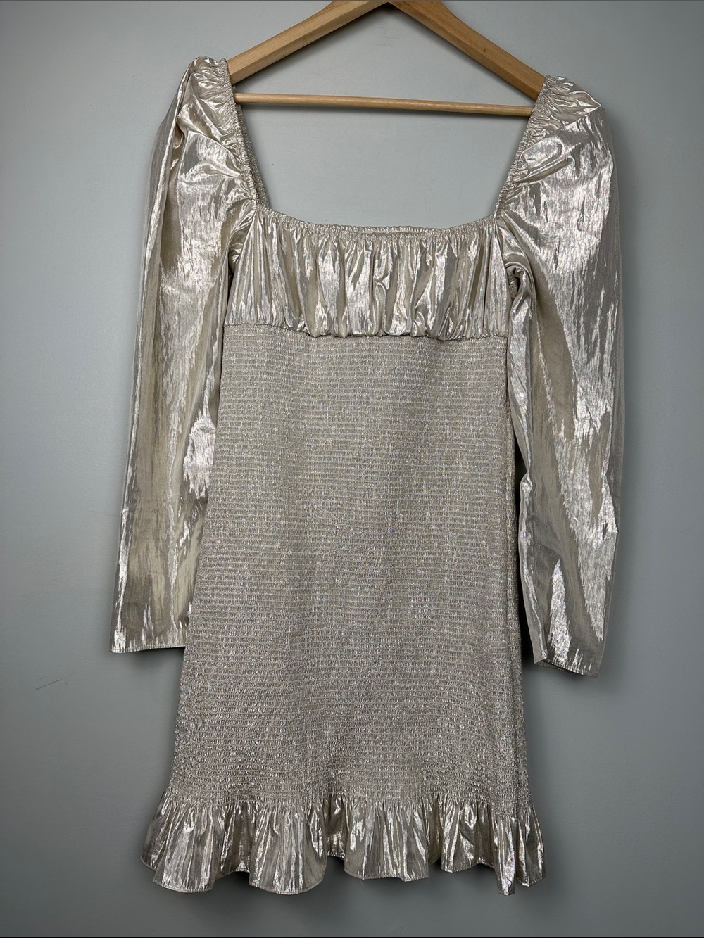 Wilfred Gold mini dress long sleeved champagne off the shoulder ruffle smocked